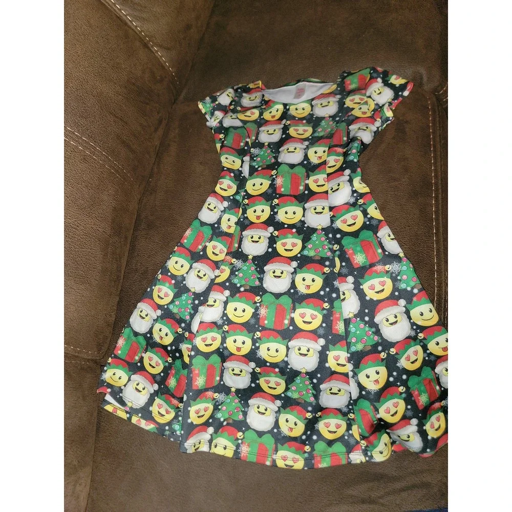 justice christmas dresses holiday emoji‎ dress size 8 santa tree presents 98% polyester dupioni/2% metallic